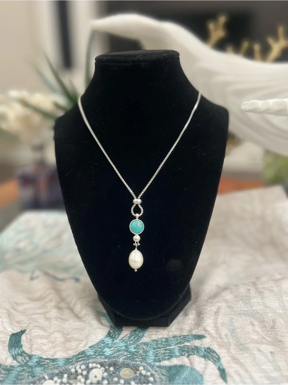 Lucky Brand Silver-Tone Necklace with Turquoise Stone and Pearl Drop Pendant